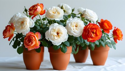 Wall Mural - Lush Rose Bush in Terracotta Pot Showcasing Captivating Photorealistic Botanical Splendor Against a Crisp White Backdrop