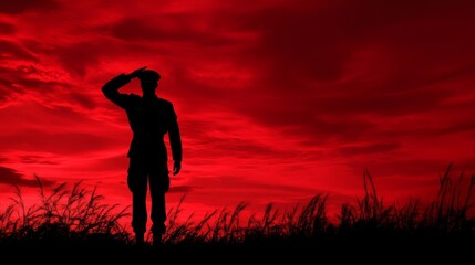 Wall Mural - Black and white silhouette of a soldier saluting under a red sky.