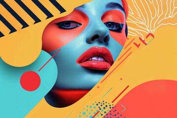 Poster - A woman with red lips and blue eyes is the main focus of the image