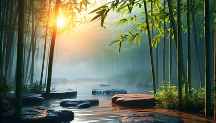 Serene Bamboo Forest at Misty Sunrise with Sunlight Filtering Through Lush Foliage for Relaxation and Meditation