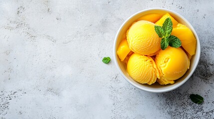 Wall Mural - a bowl of mango sorbet with a mint sprig on top, on a light gray background.
