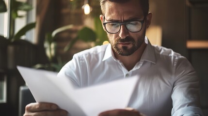 Canvas Print - Focused Man Reading Papers in a Modern Workspace