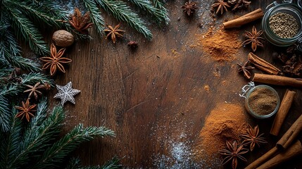 Sticker - top shot food photography of spices lying on a wooden surface, christmas themed, cozy 