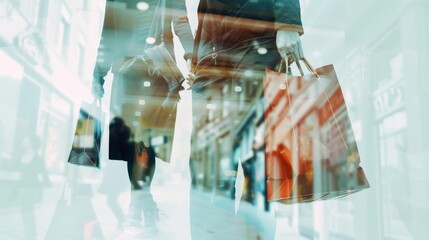 A blurry image of a man and woman holding shopping bags in a shopping mall