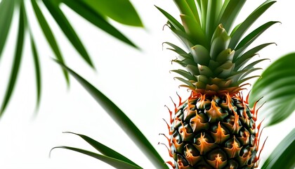 Vibrant close-up of a fresh pineapple displaying its juicy sweetness and lush green leaves on a clean white background