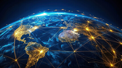 Wall Mural - image depicts global view of Earth with illuminated connections representing telecommunications and data networks. This visual emphasizes interconnectedness of world through technology and