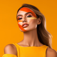 Beautiful blonde young woman with creative make-up. Fashion model girl with face art yellow and orange stripes on face, 3d render. Portrait of a gorgeous young lady with vivid make-up. AI generated