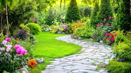 Lush Green Garden Pathway with Blooming Flowers