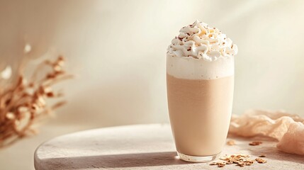 Wall Mural - A glass of iced coffee with whipped cream and chocolate sprinkles on a white table.