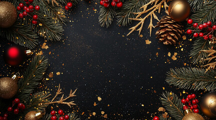 Wall Mural - background with christmass decoration. drak and gold style. horizontal composition