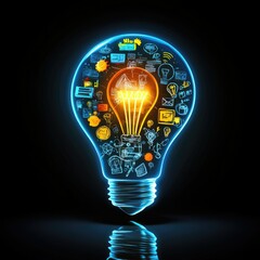 A bright light bulb with swirling marketing icons, symbolizing breakthrough solutions in business strategy.