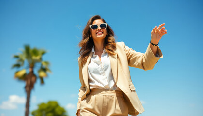 Confident woman in stylish suit walking under clear blue sky with palm trees.