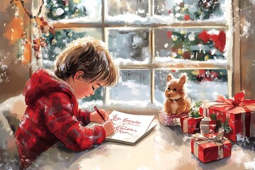 Child Writing a Christmas List by the Window.