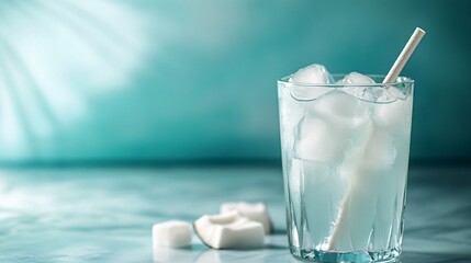 Wall Mural - a glass of iced water with a straw and coconut pieces on a blue background.