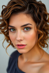 Portrait of a young woman with curly hair and captivating green eyes.