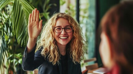 Poster - Smiling Businesswoman Greeting Colleague in Cafe