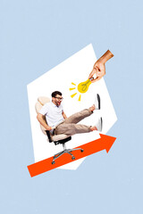 Sticker - Vertical collage picture young man office employee worker clerk armchair arrow direction up lightbulb lamp eureka smart decision thought