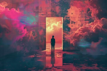 Canvas Print - a man stands in front of a large open door in a room with a lot of clouds