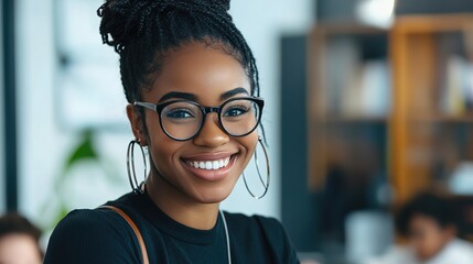 Sticker - Smiling Woman in Eyeglasses with Natural Background