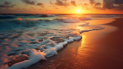 Poster - Beautiful seascape at sunrise. Beautiful beach and tropical sea under while orange sunset with clouds.  Beautiful summer seascape. Composition of nature.  Travel and  holiday concept. AI generated.