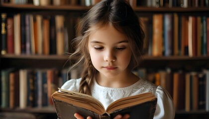 Wall Mural - Adorable girl immersed in the world of books