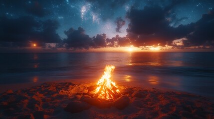 Canvas Print - Campfire on the Beach Under a Starry Sky