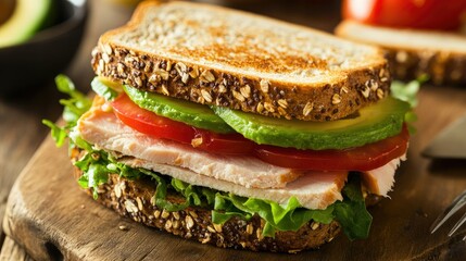 a close-up of a gourmet sandwich with avocado, turkey, lettuce, and tomato on toasted multigrain bre