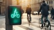 © Ratchadaporn - Detailed view of a crosswalk signal displaying a green bike symbol with blurred pedestrians and cyclists in the background highlighting urban transportation and sustainable mobility