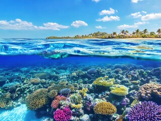 Wall Mural - Vibrant Underwater Coral Reef Scene in Clear Blue Water