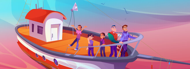 Men and teen kids tourists on fishing boat in sea or ocean on sunrise or sunset. Cartoon vector family or friends trip along river on fisher ship. Passengers traveling on yacht.