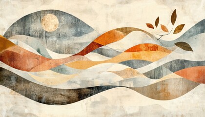 Abstract Landscape with Wavy Lines and Minimalistic Branch