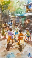 Poster - A group of children are playing in a courtyard