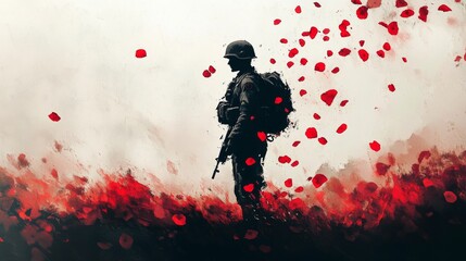 Wall Mural - A soldier stands in a field of red flowers