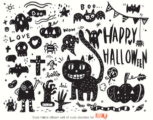 Wall Mural - Cute doodle Halloween set. Funny pumpkin, kawaii ghost, bat, web, broom,October holiday design elements, stickers, Great vector illustration for kids and home decor projects,Isolated