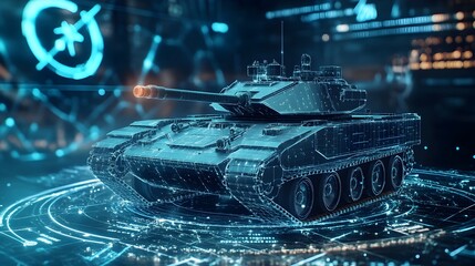 Wall Mural - Futuristic Tank Surrounded by a Dynamic Digital Grid Symbolizing its Advanced Anti Drone Detection and Surveillance Capabilities in Futuristic Warfare Scenarios