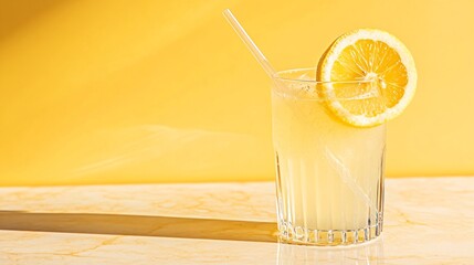 Wall Mural - a tall glass of lemonade with ice and a lemon wedge on a yellow background.