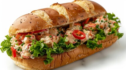 A close-up of a lobster roll with red peppers and lettuce on a bun, with a creamy filling and a white background. 