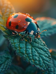 Sticker - A ladybug sitting on a leaf with water droplets. AI.