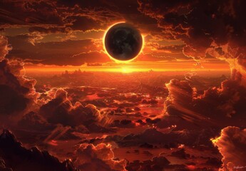 Wall Mural - A sun is rising over a dark sky with clouds. AI.