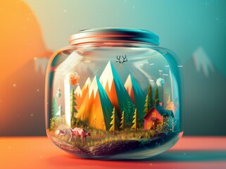 Sticker - A glass jar with a mountain scene inside of it. AI.