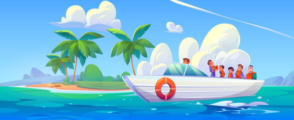 Wall Mural - Tropical tiny uninhabited isle with palm and beach landscape scene. Beautiful exotic ocean shore and children on boat in vacation. Paradise environment on summer panoramic design. Kid on ship