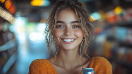 A young woman with a bright smile, holding a can, looks directly at the camera.