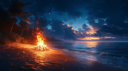 Sticker - Campfire on a Tropical Beach Under a Starry Sky