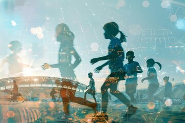 A group of children are running on a field with a city skyline in the background