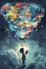 Poster - A girl is holding a book in a sky full of butterflies and stars