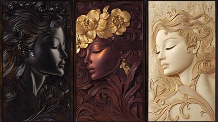 three panel wooden background with carved female face