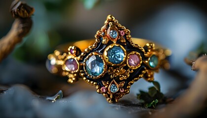 intricate gold ring adorned with vibrant gemstones on a dark metal band, nestled among lush natural elements