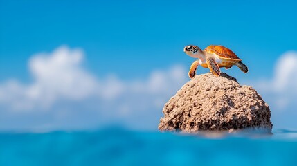 Wall Mural - Photograph of a Mid Sized Turtle Resting and Drying its Shell on a Rock in the Warm Sunshine Before Retreating Back into the Nearby Ocean