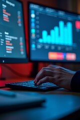 Focused hands typing on the keyboard, tracking real-time stock market data on the monitor.