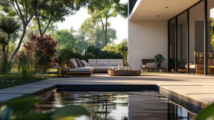 Wall Mural - It offers a serene outdoor retreat with clean lines, modern furniture, and potted plants.